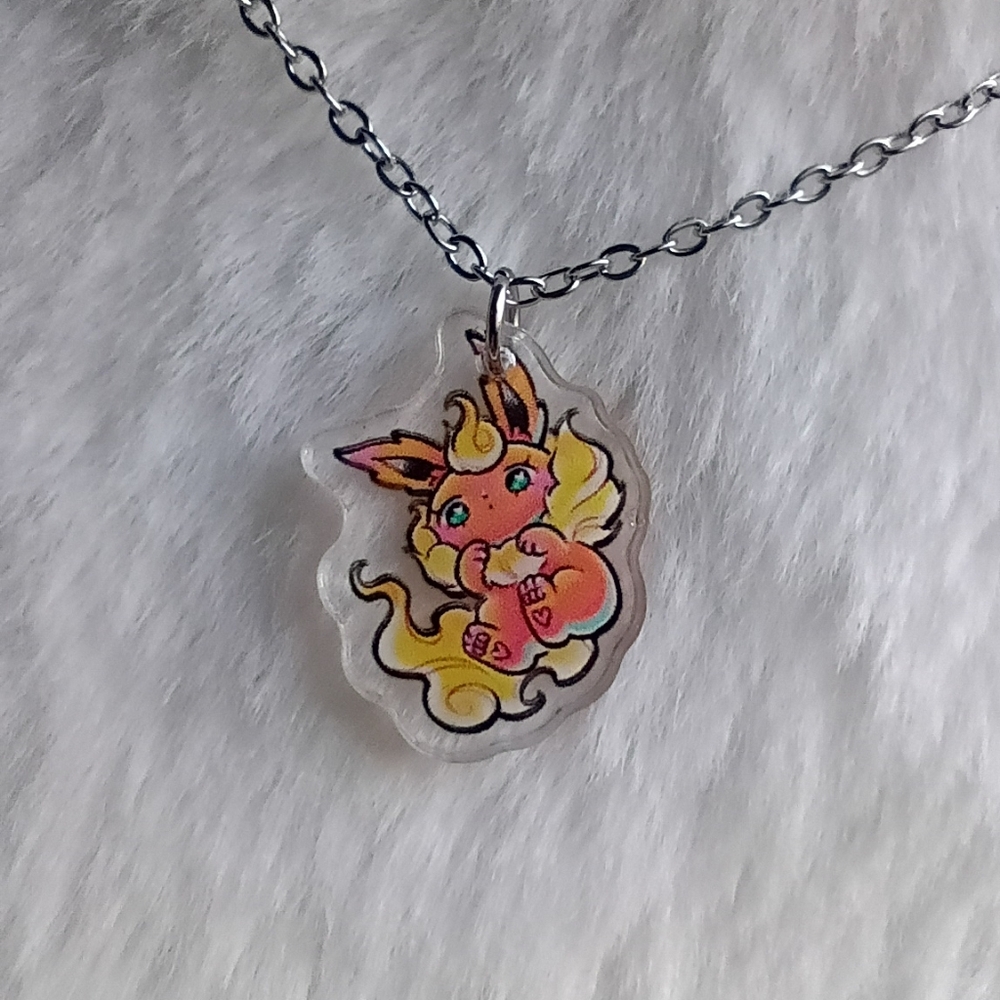 2/$10 Flareon Pokemon Acrylic Charm Stainless Steel Necklace